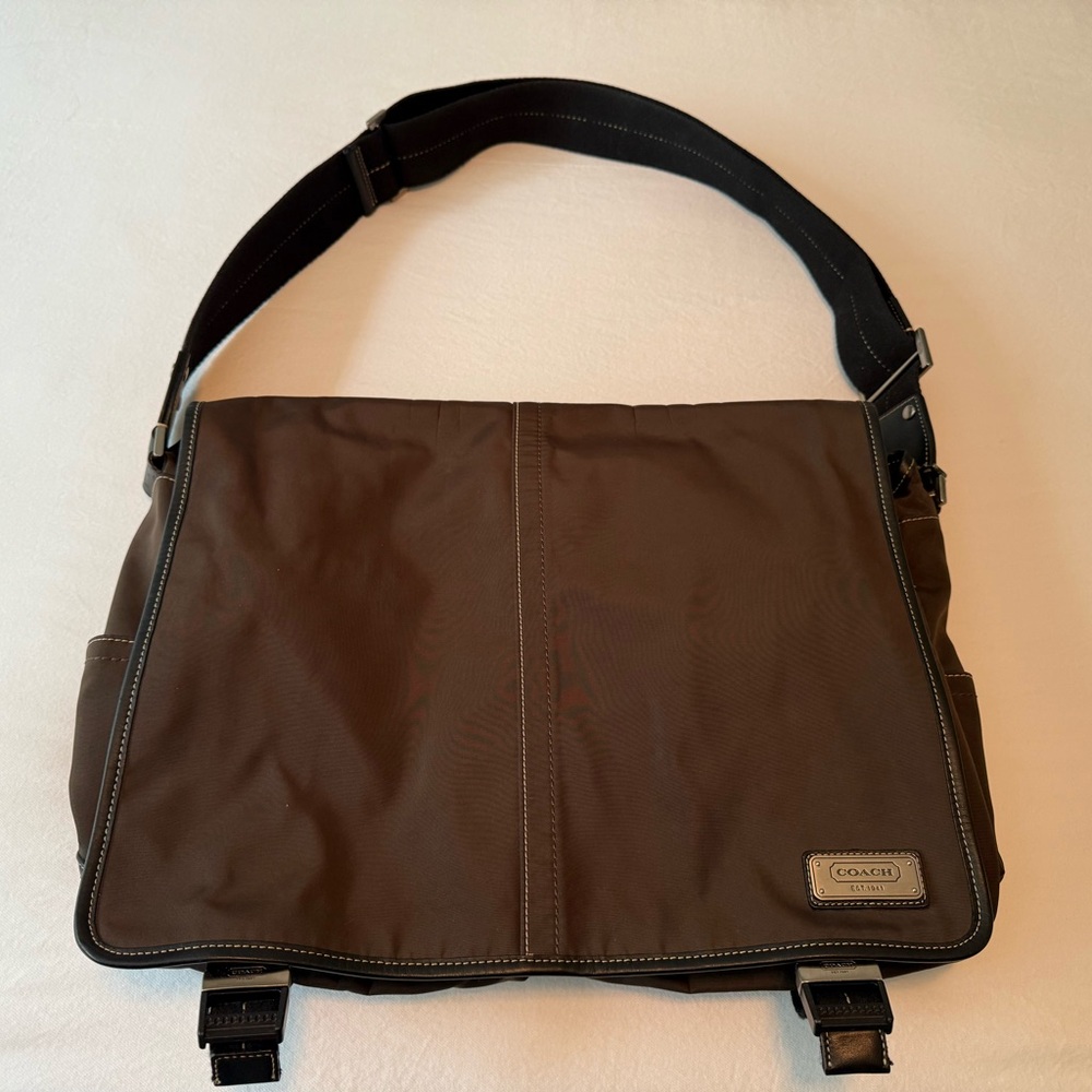 Coach Brown Messenger Bag with Durable Nylon with Leather Trim.